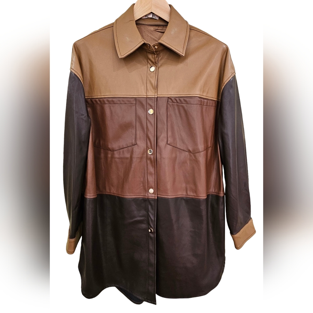 Badgley Mischka Brown Colorblock Stretch Vegan Leather Shirt, Dress, Jacket sz L